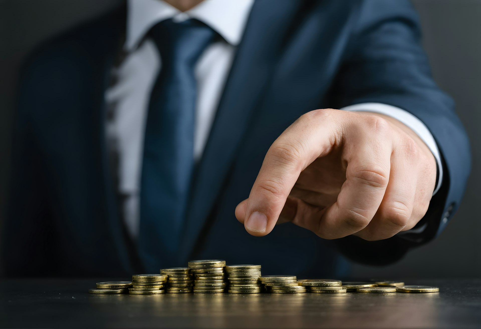 A man in a suit pointing at a pile of gold coins